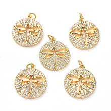 Honeyhandy Brass Micro Pave Clear Cubic Zirconia Pendants, with Jump Ring, Long-Lasting Plated, Flat Round with Dragonfly, Real 18K Gold Plated, 22x19x3mm, Jump Rings: 5x1mm, 3mm Inner Diameter