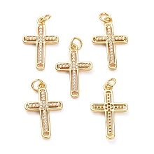 Honeyhandy Brass Micro Pave Clear Cubic Zirconia Pendants, with Jump Ring, Long-Lasting Plated, Cross, Real 18K Gold Plated, 24x14.5x2mm, Jump Rings: 5x1mm, 3mm Inner Diameter