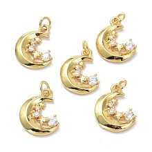 Honeyhandy Brass Micro Pave Clear Cubic Zirconia Pendants, with Jump Ring, Long-Lasting Plated, Moon, Real 18K Gold Plated, 17x12.5x2.5mm, Jump Rings: 5x1mm, 3mm Inner Diameter