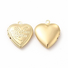 Honeyhandy Brass Locket Pendants, Photo Frame Charms for Necklaces, Long-Lasting Plated, Heart with Flower & Word Love You Charm, Real 18K Gold Plated, 22.5x19.5x5.5mm, Hole: 1.8mm