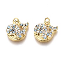 Honeyhandy Brass Micro Pave Clear & Sky Blue Cubic Zirconia Charms, with Jump Rings, Long-Lasting Plated, Whale Shape, Real 18K Gold Plated, 12x12.5x3mm, Hole: 2mm