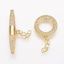 Honeyhandy Brass Micro Pave Cubic Zirconia Ring Toggle Clasps, Golden, Ring: 15x13x2mm, Bar: 6x27x4mm.