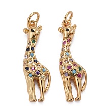 Honeyhandy Brass Micro Pave Colorful Cubic Zirconia Pendants, Long-Lasting Plated, with Jump Rings, Giraffe, Real 18K Gold Plated, 26x8x3mm