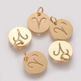 Honeyhandy 304 Stainless Steel Pendants, with Jump Ring, Laser Cut, Flat Round with Constellation/Zodiac Sign, Golden, Aries, 12x1mm, Hole: 3mm