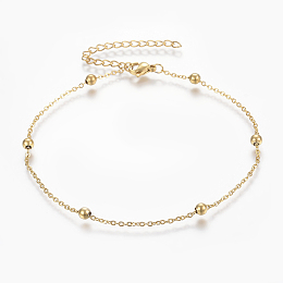 Honeyhandy 304 Stainless Steel Anklets, with Lobster Claw Clasps, Round Beads and Cable Chains, Golden, 9 inch(230mm), 1.5mm