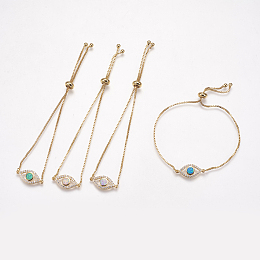 Honeyhandy Adjustable Brass Bolo Bracelets, Slider Bracelets, with Synthetic Opal and Cubic Zirconia, Eye, Golden, Mixed Color, 8-3/4 inch(222mm), 1mm, Link: 20x9x3mm