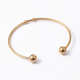 Honeyhandy Fashion 304 Stainless Steel Cuff Bangles Torque Bangles, End with Immovable Round Beads, Golden, 50~65mm