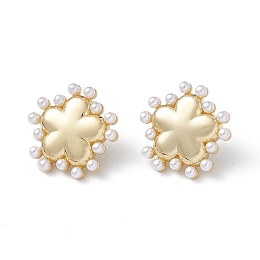 Honeyhandy Long-Lasting Plated Brass Stud Earrings with Plastic Pearl for Women, Lead Free & Cadmium Free, Flower, Real 18K Gold Plated, 20.3x20.1x3.9mm, Pin: 0.9mm