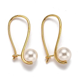 Honeyhandy Brass Hoop Earrings, Kidney Wire Earrings, with Shell Pearl Beads, Round, White, Real 18K Gold Plated, 31.5x17x1mm, Pin: 1mm