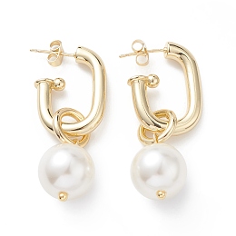 Honeyhandy Brass Oval with ABS Pearl Dangle Stud Earrings for Women, White, 47mm, Pin: 0.7mm