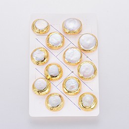 Honeyhandy Natural Pearl Stud Earrings, with Brass Findings, Brass Ear Nuts, Earring Backs, with Plastic, Flat Round, White, Golden, 20~22x6.5~8mm, Pin: 0.8mm