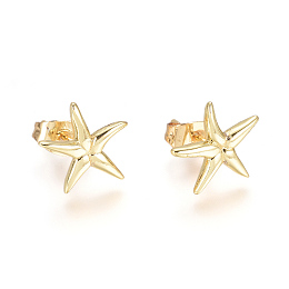 Honeyhandy Brass Ear Studs, with Earring Backs, Starfish/Sea Stars, Golden, 11x11x2mm, Pin: 1mm