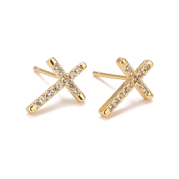 Honeyhandy Clear Cubic Zirconia Cross Stud Earrings, Rack Plating Brass Jewelry for Women, Cadmium Free & Lead Free, Real 18K Gold Plated, 14x10mm, Pin: 0.8mm