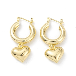 Honeyhandy Brass Heart Dangle Hoop Earrings for Women, Real 18K Gold Plated, 40mm, Pin: 0.8mm