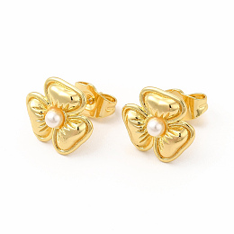 Honeyhandy Flower Rack Plating Brass Stud Earrings for Women, with Plastic Imitation Pearl, Lead Free & Cadmium Free, Real 18K Gold Plated, 11.5x12.5mm, Pin: 0.8mm