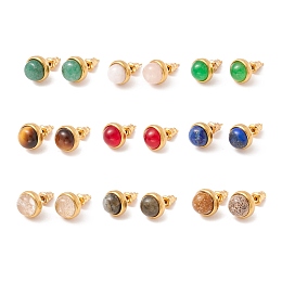 Honeyhandy Natural Gemstone Half Round Stud Earrings, Real 18K Gold Plated 304 Stainless Steel Jewelry for Women, 10mm, Pin: 0.8mm