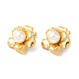 Honeyhandy Plastic Pearl Beaded Flower Stud Earrings, Ion Plating(IP) 304 Stainless Steel Jewelry, Real 18K Gold Plated, 23.5x25mm