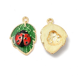 Honeyhandy Alloy Enamel Pendants, Cadmium Free & Nickel Free & Lead Free, Golden, Leaf with Ladybug Charm, Green, 23x15x3.5mm, Hole: 1.6mm