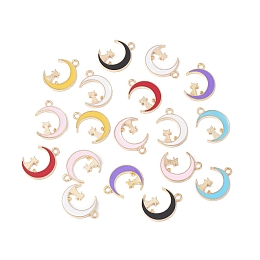 Honeyhandy Alloy Enamel Pendants, Light Gold, Moon with Cat Charm, Mixed Color, 19.5x14.5x1.5mm, Hole: 2mm