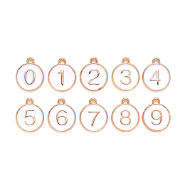 Honeyhandy Light Gold Plated Alloy Enamel Charms, Enamelled Sequins, Flat Round with Number, Number 0~9, White, 14.5x12x2.5mm, Hole: 1.4mm, 10pcs/set