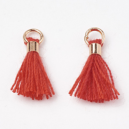 Honeyhandy Polycotton(Polyester Cotton) Tassel Pendant Decorations, Mini Tassel, with Brass Findings, Light Gold, Red, 10~15x3~4mm, Hole: 2mm