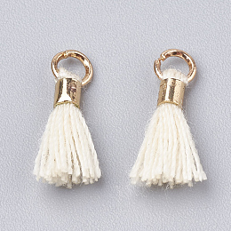 Honeyhandy Polycotton(Polyester Cotton) Tassel Pendant Decorations, Mini Tassel, with Brass Findings, Light Gold, Cornsilk, 10~15x3~4mm, Hole: 2mm