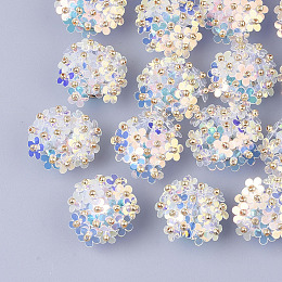 Honeyhandy PVC Paillette Cabochons, Cluster Beads, with Glass Seed Beads and Golden Plated Brass Perforated Disc Settings, Flower, WhiteSmoke, 20~23x10~11mm