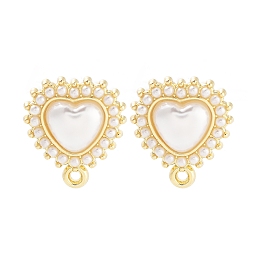 Alloy Plastic Imitation Pearl Stud Earring Finding Accessories,Heart, Golden, 13x12mm, Hole: 0.9mm, Pin: 0.7mm