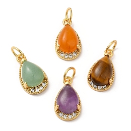 Honeyhandy Natural Mixed Stone Teardrop Charms, with Rack Plating Brass Micro Pave Clear Cubic Zirconia Findings and Jump Ring, Cadmium Free & Lead Free, Real 18K Gold Plated, 13.5x8x5.5mm, Hole: 3.5mm