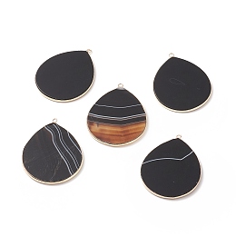 Honeyhandy Natural Striped Agate/Banded Agate Pendants, with Brass Findings, teardrop, Dyed & Heated, Golden, 41~41.5x32x2mm, Hole: 1.5mm