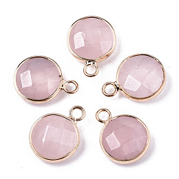 Honeyhandy Natural Rose Quartz Pendants, Light Gold Tone Brass Edge, Faceted, Flat Round, 18x13.5x6mm, Hole: 2mm