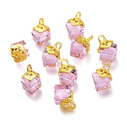 Honeyhandy Transparent Glass Pendants, with Golden Tone Alloy Findings, Rhombus, Pink, 15x9.5x11.5mm, Hole: 2mm