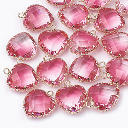 Honeyhandy K9 Glass Pendants, Imitation Tourmaline, with Golden Tone Brass Findings, Faceted, Heart, Hot Pink, 20x16.5x8mm, Hole: 2mm