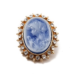 Honeyhandy Resin Women Cameo Brooches, Alloy Rhinestone Lapel Pin, Cadmium Free & Lead Free, Oval, Cornflower Blue, 32.5x25.5x7mm, Pin: 0.6mm.