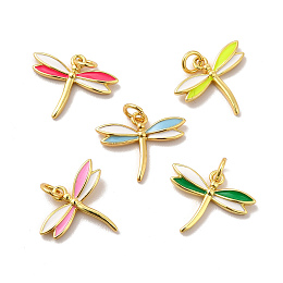 Honeyhandy Rack Plating Brass Enamel Pendants, with Jump Rings, Long-Lasting Plated, Lead Free & Cadmium Free, Real 18K Gold Plated, Dragonfly Charm, Mixed Color, 12x15x1.5mm, Hole: 2.5mm