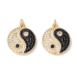 Honeyhandy Rack Plating Brass Micro Pave Clear & Black Cubic Zirconia Pendants, Long-Lasting Plated, Cadmium Free & Lead Free, Flat Round with Yin Yang, Real 18K Gold Plated, 20.5x18x2.5mm, Hole: 3.6mm