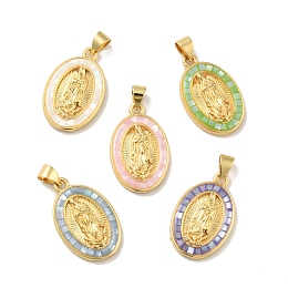 Honeyhandy Brass Charms, with Shell, Cadmium Free & Lead Free, Long-Lasting Plated, Oval with Saint, Real 18K Gold Plated, Mixed Color, 22.5x14x3.5mm, Hole: 3.5x3mm