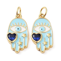 Honeyhandy Rack Plating Brass Enamel with Glass Pendants, Lead Free & Cadmium Free, Long-Lasting Plated, Hamsa Hand with Heart Charms, Real 18K Gold Plated, 19x9.5x2.5mm, Hole: 3.5mm