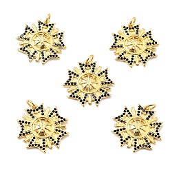 Brass Micro Pave Cubic Zirconia Pendants, with Jump Ring, Real 18K Gold Plated, Long-Lasting Plated, Lead Free & Cadmium Free & Nickel Free, Flower, Black, 22x22x2.5mm, Jump Ring: 5x1mm, 3mm Inner Diameter