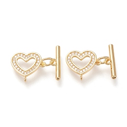 Honeyhandy Brass Micro Pave Clear Cubic Zirconia Toggle Clasps, Long-Lasting Plated, Heart & Bar, Real 18K Gold Plated, Heart: 11.5x12.5x2mm, Hole: 1mm, Bar: 13.5x4x2mm, Hole: 1.4mm