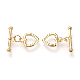 Honeyhandy Brass Toggle Clasps, Long-Lasting Plated, Heart & Bar, Real 18K Gold Plated, Heart: 14x11x1.7mm, Hole: 1.8mm, Bar: 20x6x3mm, Hole: 1.8mm