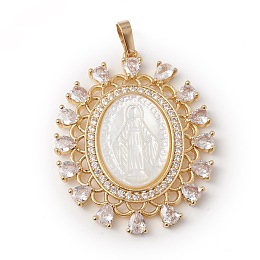 Honeyhandy Eco-Friendly Rack Plating Brass Micro Pave Cubic Zirconia Pendant, with Natural White Shell, Long-Lasting Plated, Lead Free & Cadmium Free, Oval with Virgin Mary, Real 18K Gold Plated, 35x29x3.5mm, Hole: 3.5x6.5mm