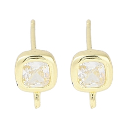 Brass Pave Clear Cubic Zirconia Stud Earring Findings, with Loop, Square, Real 14K Gold Plated, 8.5x6mm, Hole: 1mm, Pin: 0.5mm