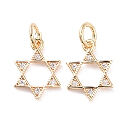 Honeyhandy Brass Micro Pave Clear Cubic Zirconia Charms, with Jump Ring, Cadmium Free & Lead Free, Star of David, Real 14K Gold Plated, 12.5x9x1mm, Hole: 3mm