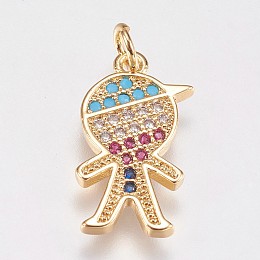 Honeyhandy Brass Micro Pave Cubic Zirconia Pendants, Boy, Golden with Mixed Color C.Z, 18.5x11.5x1.5mm, Hole: 2.5mm