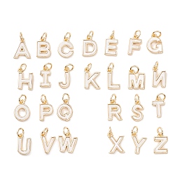 Honeyhandy Rack Plating Brass Letter Pendants, with Jump Rings, Real 18K Gold Long-Lasting Plated, Lead-Free and Cadmium Free, Embedded White PVC, Alphabet, Letter A~Z, 11~12x5.5~10x2mm, Hole: 3.6mm, 26pcs/set