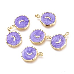 Honeyhandy Brass Enamel Pendants, Flat Round with Moon Pattern, Golden, Lilac, 18.5x14x2mm, Hole: 3.5x2mm