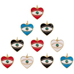 NBEADS 10 Pcs 17.5mmx18mm Evil Eye Theme Brass Enamel Pendants, Heart Shape Evil Eye Enamel Pendants with Large Hole(2.5mm) Findings for DIY Necklace Bracelet Earring Making