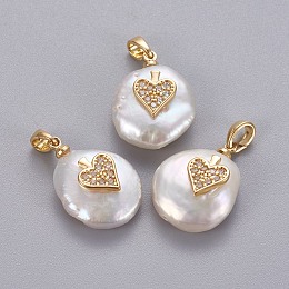 Honeyhandy Natural Cultured Freshwater Pearl Pendants, with Brass Micro Pave Cubic Zirconia Findings, Nuggets with Heart, Long-Lasting Plated, Golden, Clear, 17~27x12~16x6~12mm, Hole: 4x2.5mm