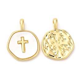 Honeyhandy Rack Plating Brass Pendants with Shell, Long-Lasting Plated, Lead Free & Cadmium Free, Flat Round with Cross Charms, Real 18K Gold Plated, 18x14x2mm, Hole: 5x1.8mm